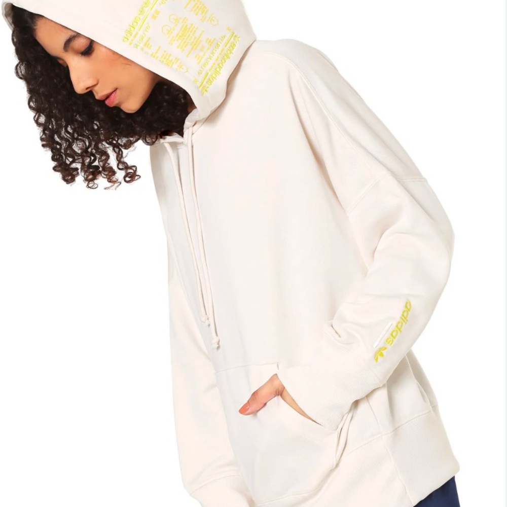 Adidas Women's Off-White Hoodie with Yellow Accents Relaxed Fit • Size XS